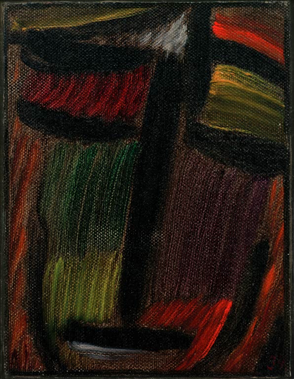 Dunkles Antlitz mit roten, gelben und grünen Pinselstrichen – Alexej von Jawlensky Meditation: Versunken Kunstkopie