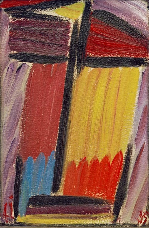 Alexej von Jawlensky Meditation Kunstkopie – Senkrechte Pinselstriche in Rot, Gelb und Blau mit dunklem Kreuz