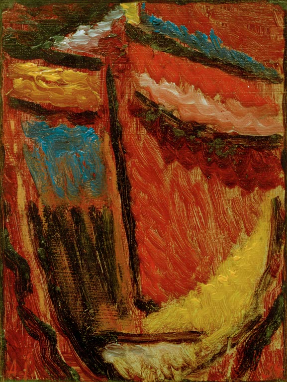 Rotorange Streifen und dunkles Kreuz in Kopfform mit Blau und Gelb – Alexej von Jawlensky Meditation Kunstkopie