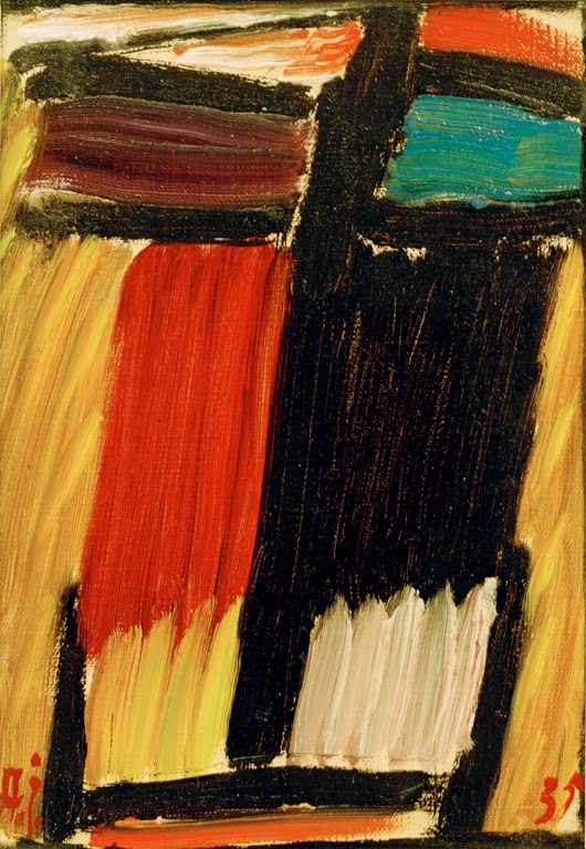 Alexej von Jawlensky Meditation Kunstkopie – Senkrechte Streifen in Rot, Schwarz und Gelb im Kopfmotiv