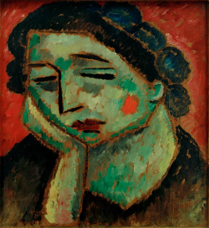 Grüngesichtige Frau stützt den Kopf in die Hand vor rotem Grund – Alexej von Jawlensky Meditation Kunstkopie
