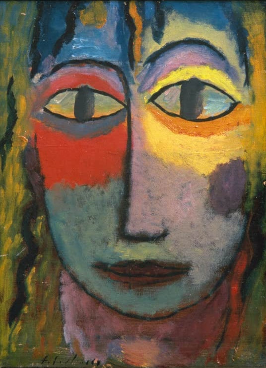 Frauenkopf mit großen Augen, gelben Lidern und rotem Wangenband vor Blau – Alexej von Jawlensky Medusa Kunstkopie