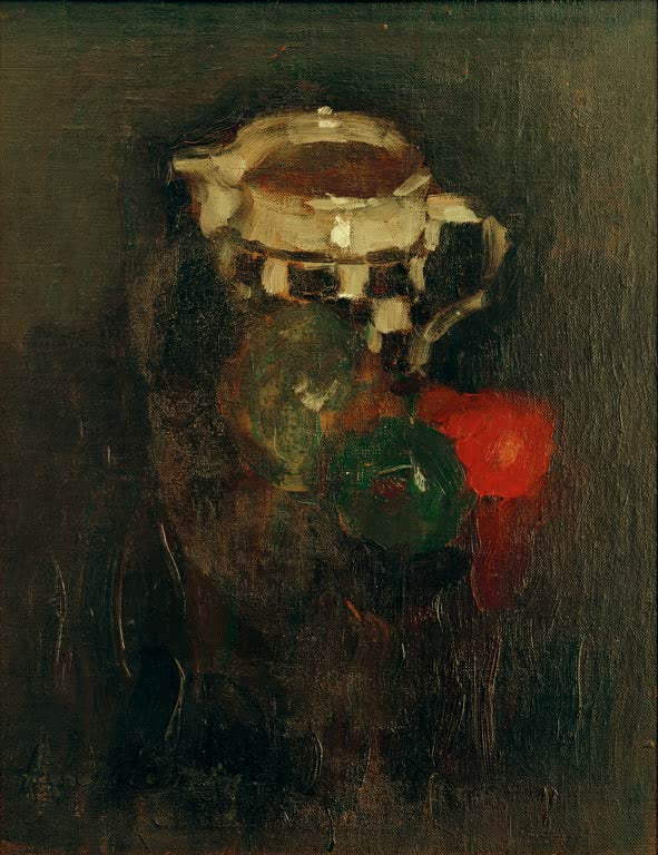 Alexej von Jawlensky Milchkrug mit Äpfeln Kunstkopie, helles Gefäß mit grünen Äpfeln vor dunklem Hintergrund