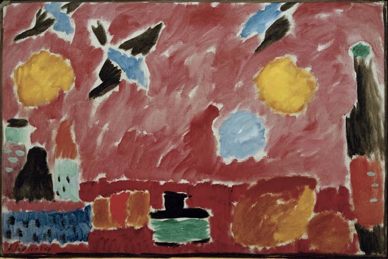 Rosa Tapete mit blauen Schwalben, gelben und blauen Flecken – Alexej von Jawlensky Mit roter Schwalbentapete Kunstkopie