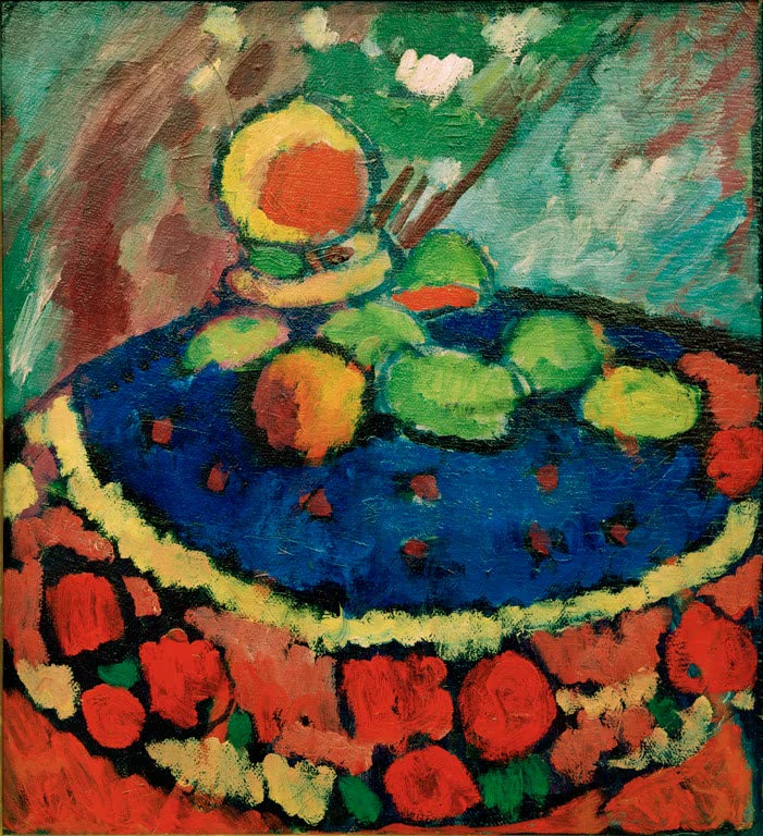 Alexej von Jawlensky Mit rundem Tisch Kunstkopie – Runder Tisch mit blauer Platte, Obst und Blumenmuster