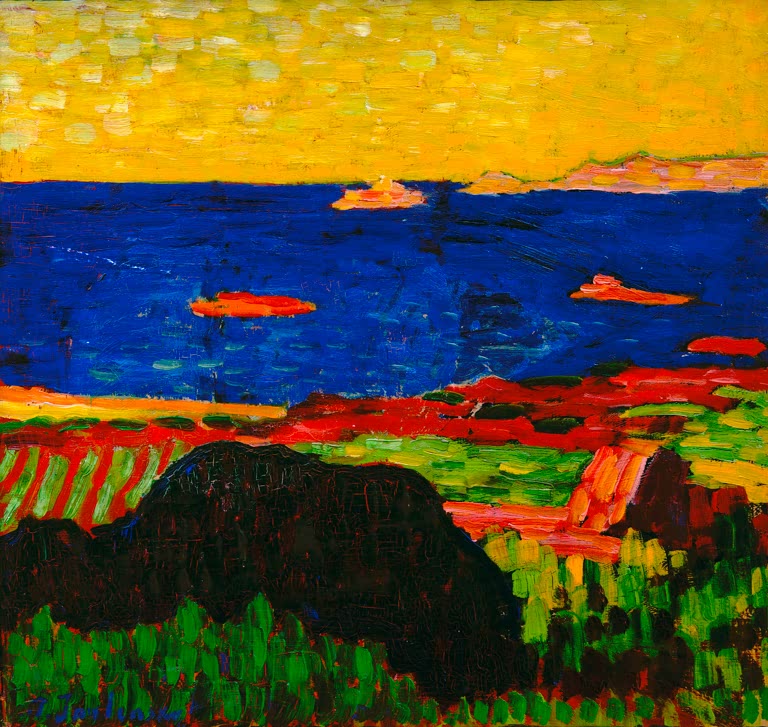 Alexej von Jawlensky Mittelmeerküste Kunstkopie – Blaues Meer unter gelbem Himmel, davor bunte Felder und dunkler Hügel