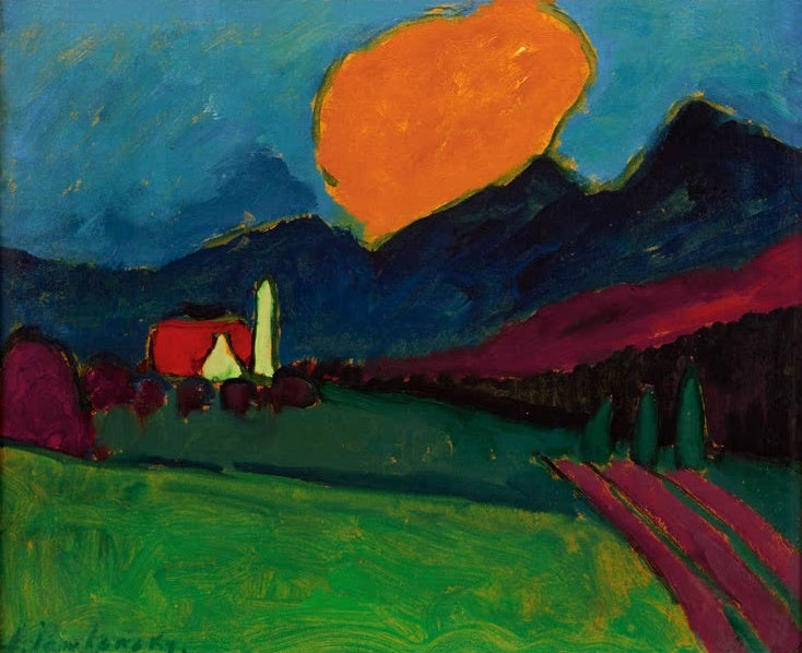 Alexej von Jawlensky Murnau Landschaft orange Wolke Kunstkopie, orange Wolke über blauen Bergen und grüner Wiese