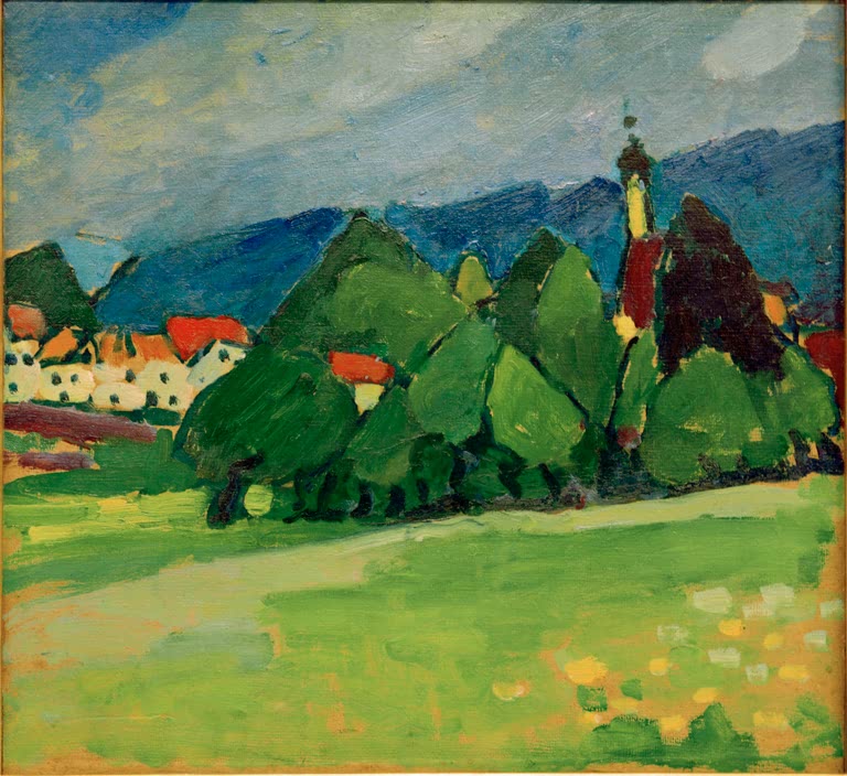 Alexej von Jawlensky Murnau Kunstkopie: Grüne Wiese mit Baumgruppe, Kirchturm und Häusern vor blauen Bergen