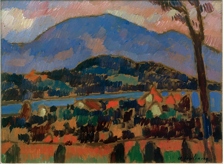 Blauer Berg über Dorf am See, Wiesen und Bäume – Alexej von Jawlensky Murnau Kunstkopie