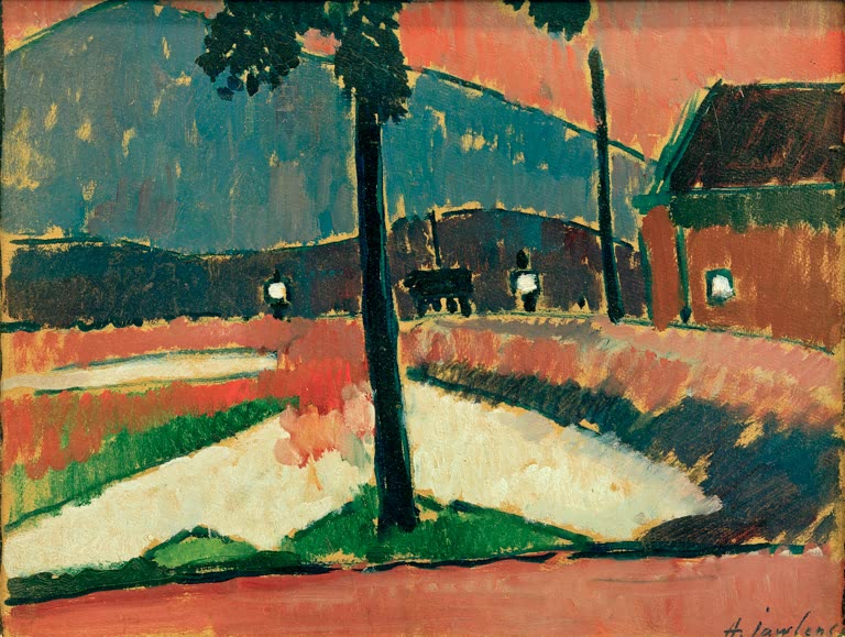 Hoher Baum, Haus und weiße Flächen vor blauen Bergen – Alexej von Jawlensky Murnauer Landschaft Kunstkopie