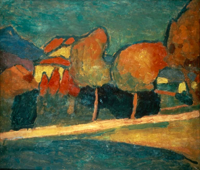Herbstbäume vor Häusern und Weg, dahinter Berge – Alexej von Jawlensky Murnauer Landschaft Kunstkopie