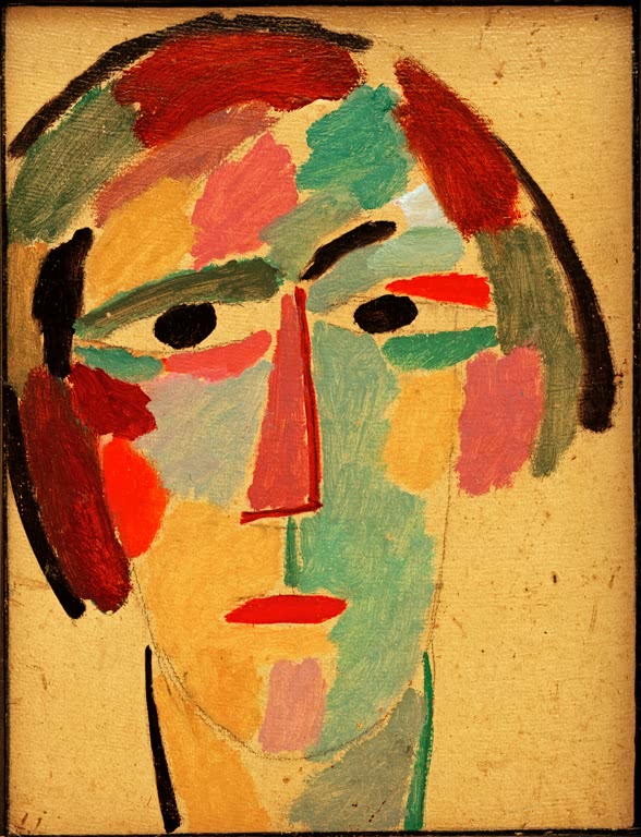 Alexej von Jawlensky Mystischer Kopf: Anika Kunstkopie – Gesicht mit bunten Farbflächen, roter Nase und kurzem Haar auf Gelb