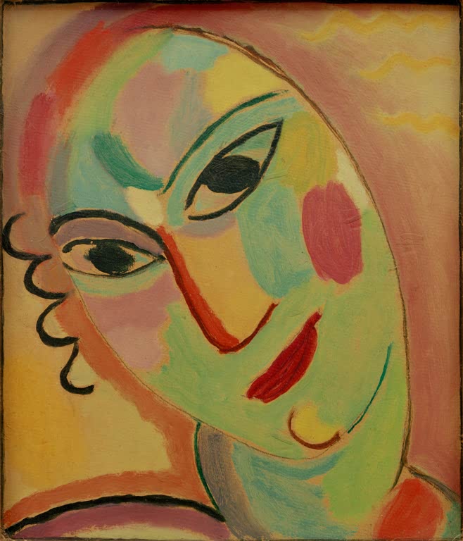 Lächelndes Gesicht in Grün und Rosa mit roten Wangen – Alexej von Jawlensky Mystischer Kopf: Engelskopf Kunstkopie