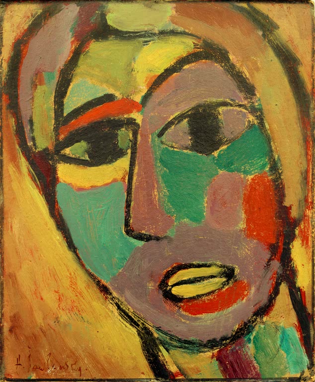 Alexej von Jawlensky Mystischer Kopf Erde Kunstkopie, maskenhaftes Gesicht in Grün, Ocker und Rot mit geschlossenen Konturen