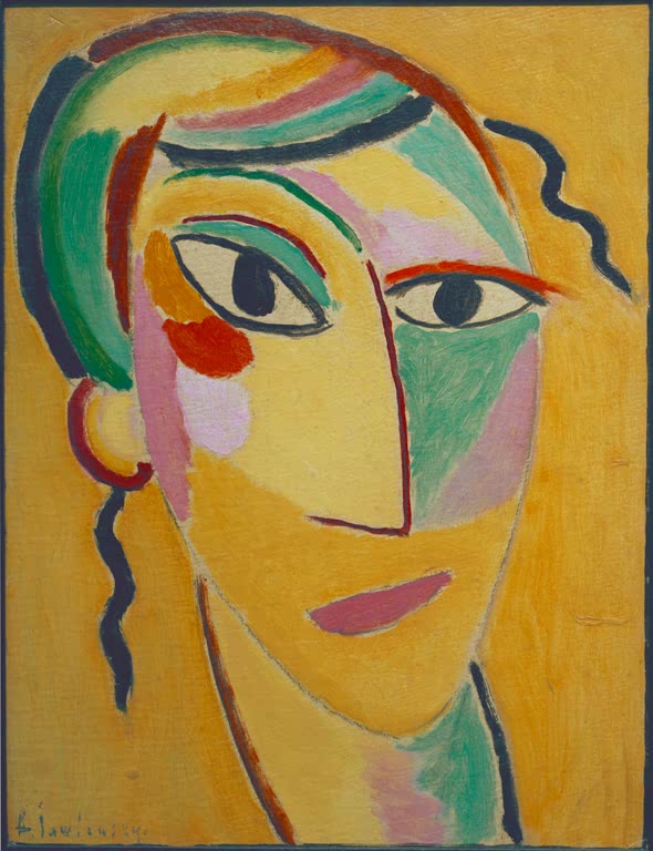 Frauenkopf mit gelbem Gesicht und Ohrring vor goldgelbem Grund – Alexej von Jawlensky Mystischer Kopf: G. 2 Kunstkopie