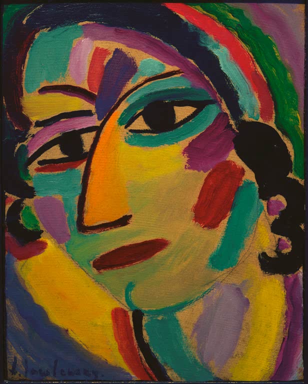 Frauenkopf in Gelb, Violett, Grün und Rot mit dunklem Haar – Alexej von Jawlensky Mystischer Kopf: Galka Kunstkopie