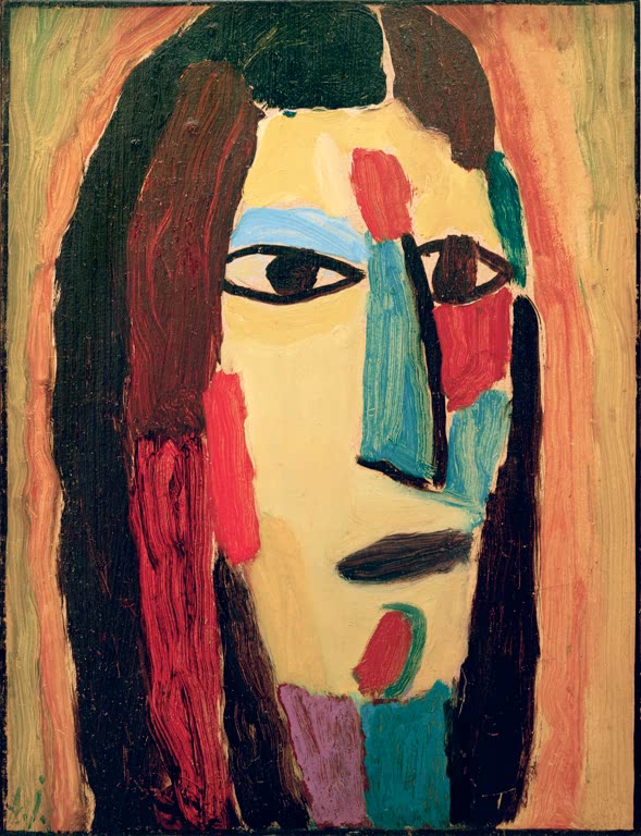 Alexej von Jawlensky Mystischer Kopf Johannes der Täufer Kunstkopie, Gesicht in Ocker, Rot und Türkis vor dunklem Haar