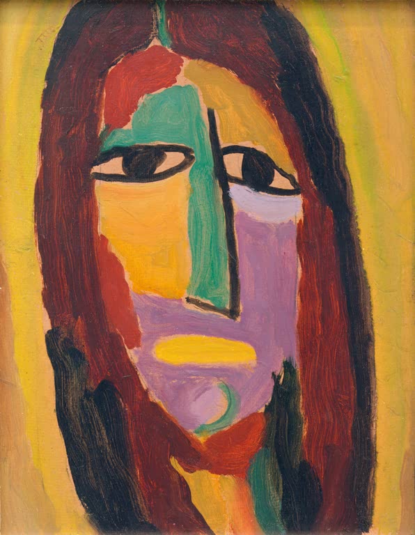 Kopf mit langem Haar, violettem Kinn und gelbem Mund – Alexej von Jawlensky Mystischer Kopf: Johannes der Täufer Kunstkopie