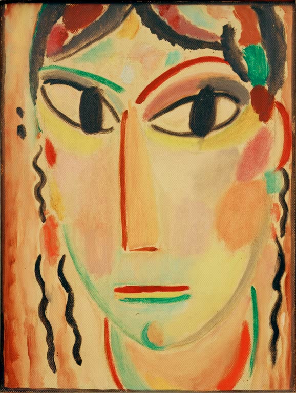 Mädchenkopf mit dunklen Augen und Zöpfen in warmen Tönen – Alexej von Jawlensky Mystischer Kopf (Junges Mädchen) Kunstkopie