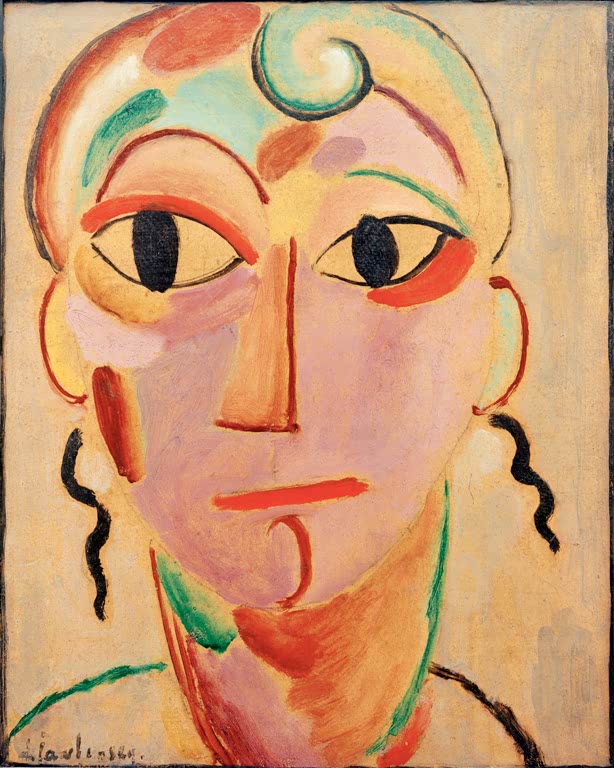 Frauenkopf mit rosa Gesicht, großen Augen und Locken – Alexej von Jawlensky Mystischer Kopf: Kopf III Helene Kunstkopie
