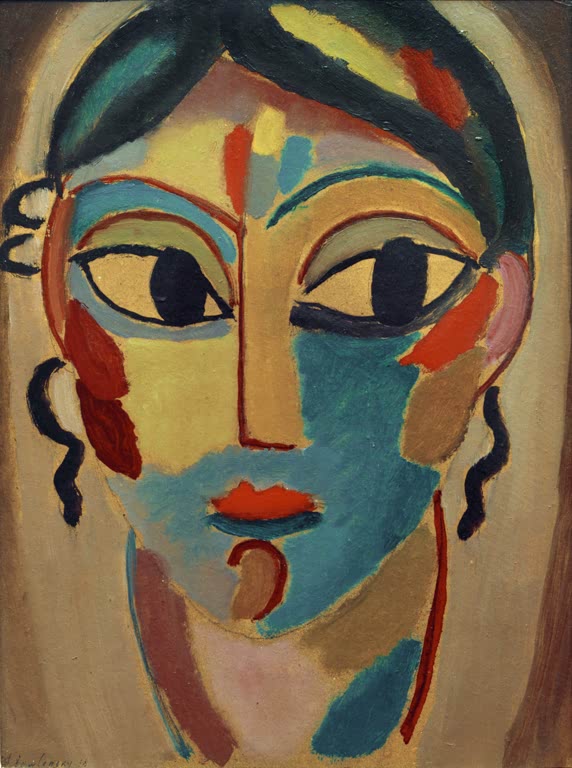 Mädchenkopf mit dunklem Haar, blauem Kinn und bunten Flächen – Alexej von Jawlensky Mystischer Kopf: Mädchenkopf Kunstkopie