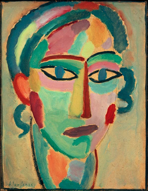 Frauenkopf mit blauem Haarband, türkisem Gesicht und rosa Wangen – Alexej von Jawlensky Mystischer Kopf: Opal Kunstkopie