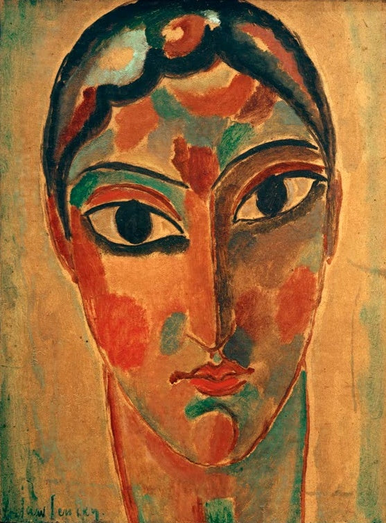 Frauenkopf mit großen dunklen Augen, braunes Gesicht, Goldgrund – Alexej von Jawlensky Mystischer Kopf: Pompei Kunstkopie