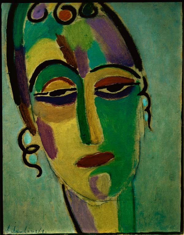 Frau mit grünem Gesicht, schweren Lidern und Ohrring – Alexej von Jawlensky Mystischer Kopf: Porträt E. S. Kunstkopie
