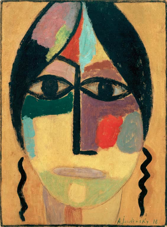 Frauenkopf mit schwarzem Haar, dunklen Augen und Zöpfen – Alexej von Jawlensky Mystischer Kopf: Rabenflügel IV Kunstkopie