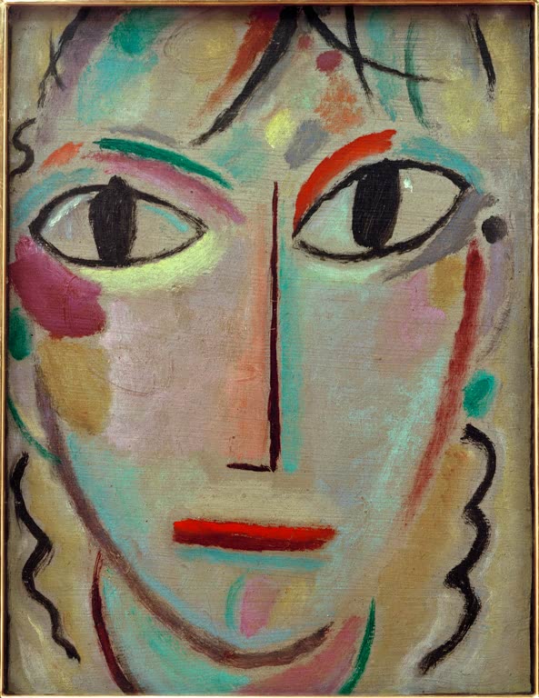 Alexej von Jawlensky Mystischer Kopf: Staunen Kunstkopie: Gesicht mit weit geöffneten Augen und roten Lippen in Mint und Rosa