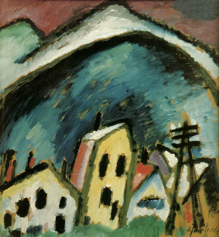 Blau-weißer Bergrücken über gelben Häusern und Telegrafenmast im Winter – Alexej von Jawlensky Oberstdorf – Winter Kunstkopie