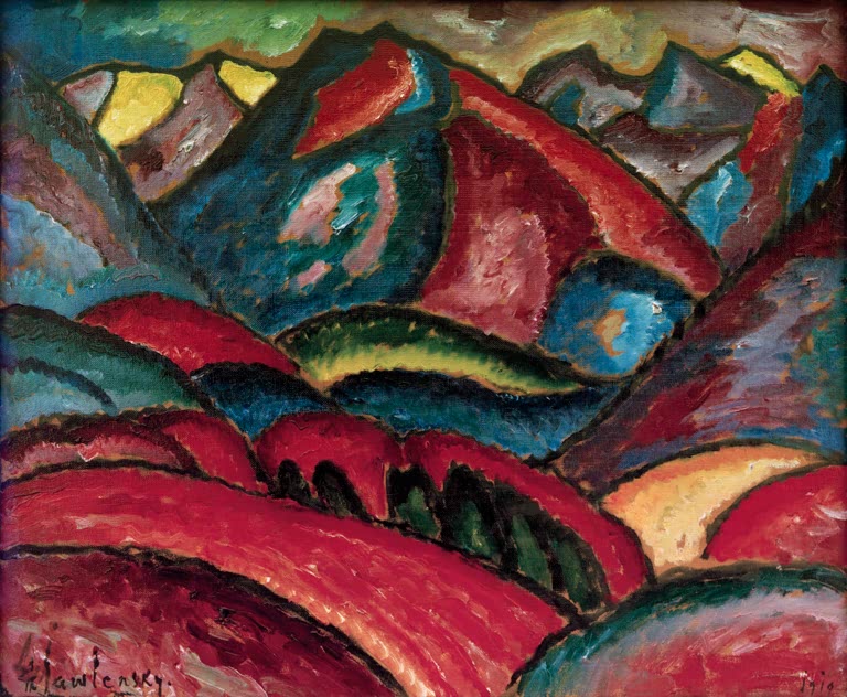 Rote und blaue Hügel unter gelbem Gebirge in kräftigen Farben – Alexej von Jawlensky Oberstdorfer Landschaft Kunstkopie