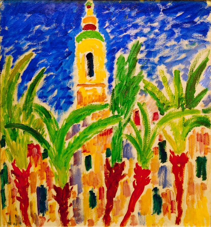 Gelber Glockenturm zwischen grünen Palmen unter blauem Himmel – Alexej von Jawlensky Orient Kunstkopie