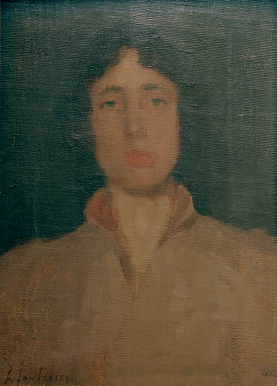 Alexej von Jawlensky Pascha Kunstkopie – Junger Mann mit dunklem Haar und schlichtem Hemd vor dunkelgrünem Grund
