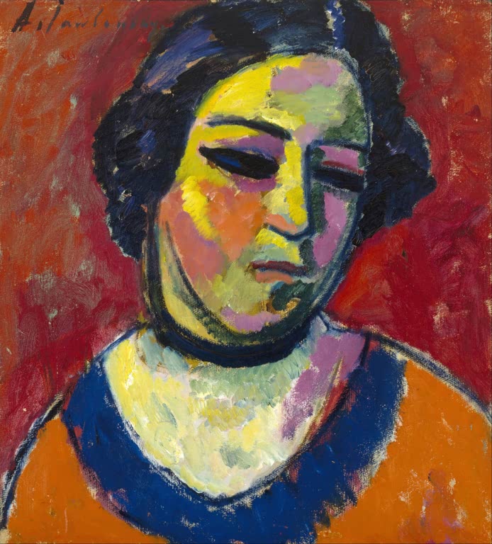 Frau mit dunkel gelocktem Haar, gelb-violettem Gesicht und blauem Kragen – Alexej von Jawlensky Porträt einer Frau Kunstkopie