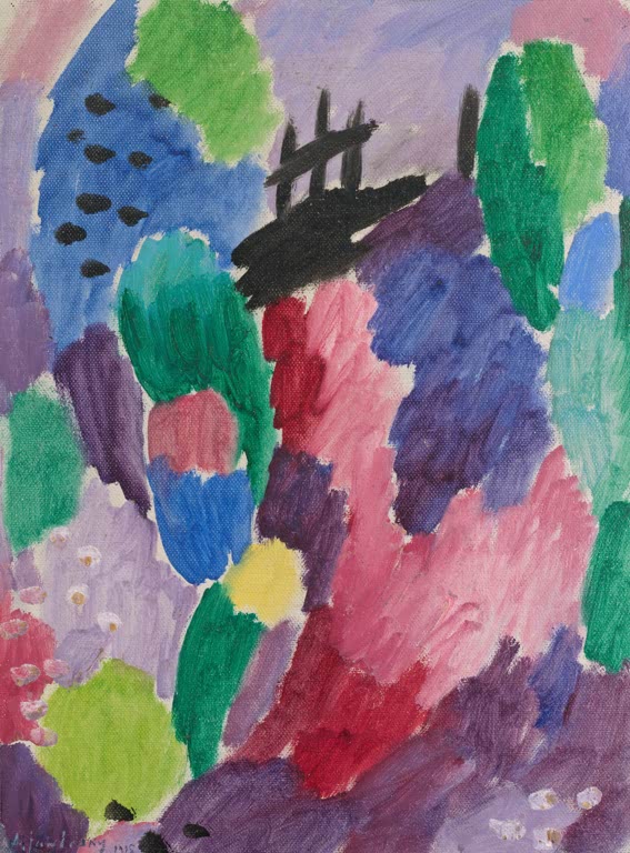Landschaft mit rotem Weg, grünen Bäumen und blauvioletten Flächen – Alexej von Jawlensky Red Path, St. Prex Kunstkopie