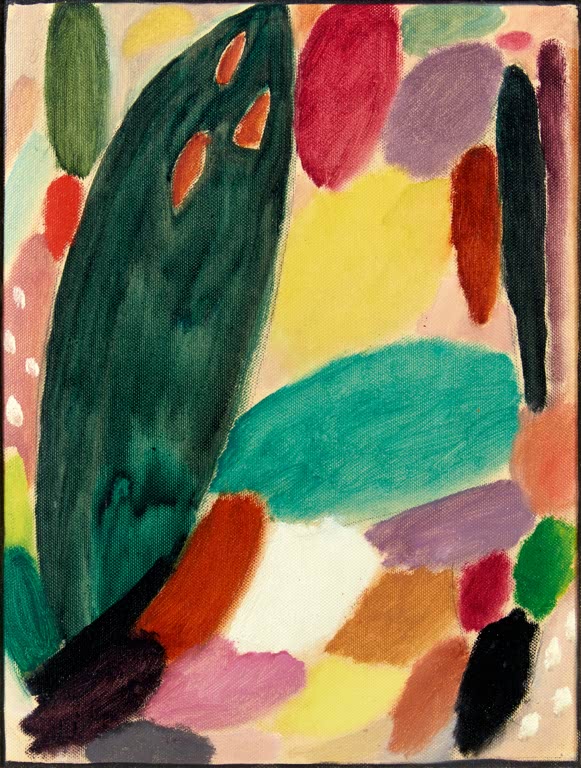 Grüne Ovalform mit gelben Punkten und bunte Farbflecken auf hellem Grund – Alexej von Jawlensky Rêve dor Kunstkopie