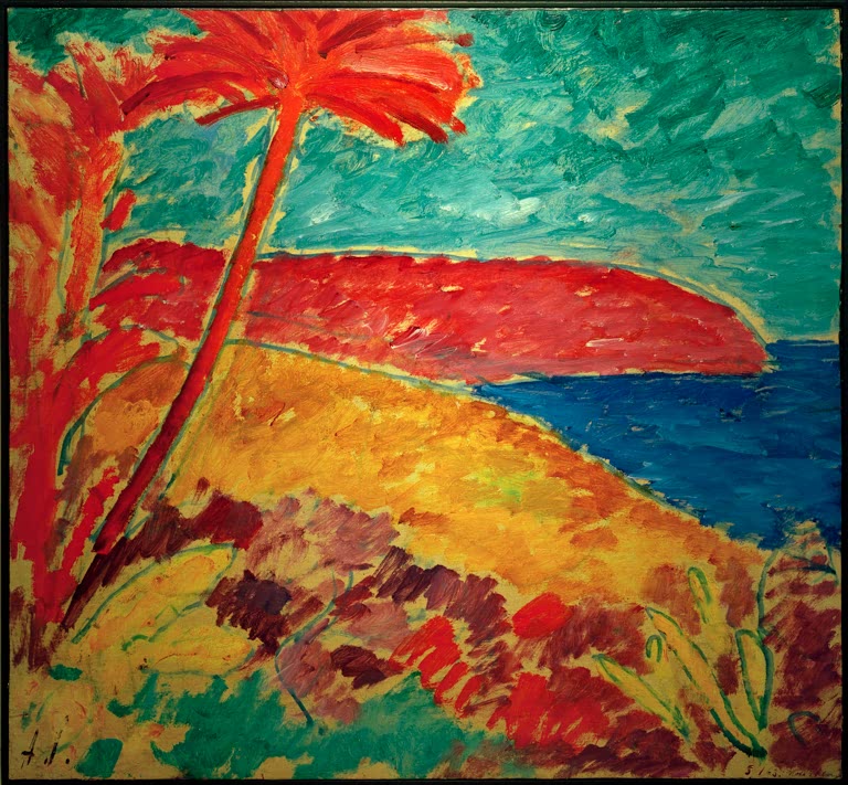 Rote Palme an leuchtend gelber Küste vor blauem Meer – Alexej von Jawlensky Rote Palme (Bordighera) Kunstkopie