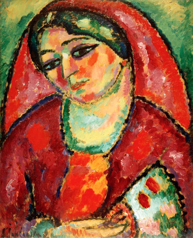 Frau mit rotem Schleier und gesenktem Blick, bunt gemustertes Kleid – Alexej von Jawlensky Roter Schleier Kunstkopie