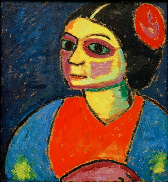 Alexej von Jawlensky Russin Kunstkopie: Frau mit rotem Haarschmuck, gelbem Gesicht und rotem Kleid vor Dunkelblau
