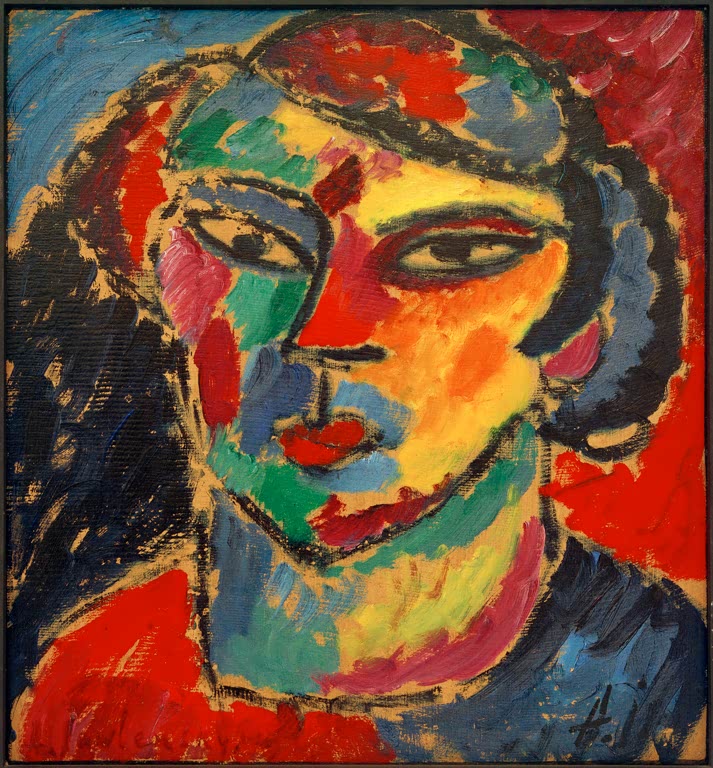Frau mit bunt zerlegtem Gesicht und dunklem Haar vor rotem Grund – Alexej von Jawlensky Sarazenin Kunstkopie