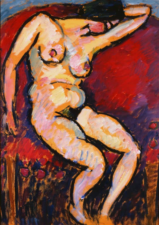 Sitzender weiblicher Akt mit erhobenen Armen vor rotem Grund – Alexej von Jawlensky Schlafende Kunstkopie