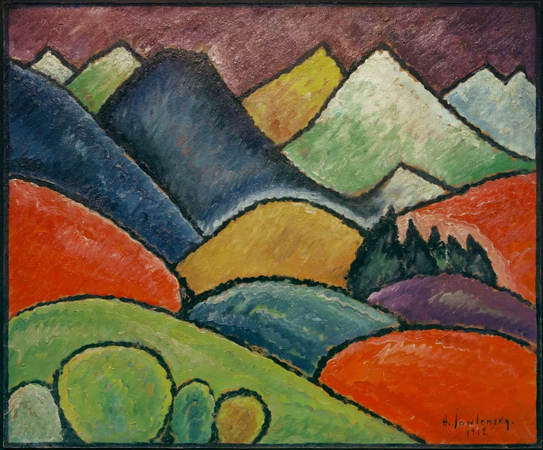 Alexej von Jawlensky Schneeberge Oberstdorf Kunstkopie, blau-grüne Berggipfel mit Schnee vor violettem Himmel
