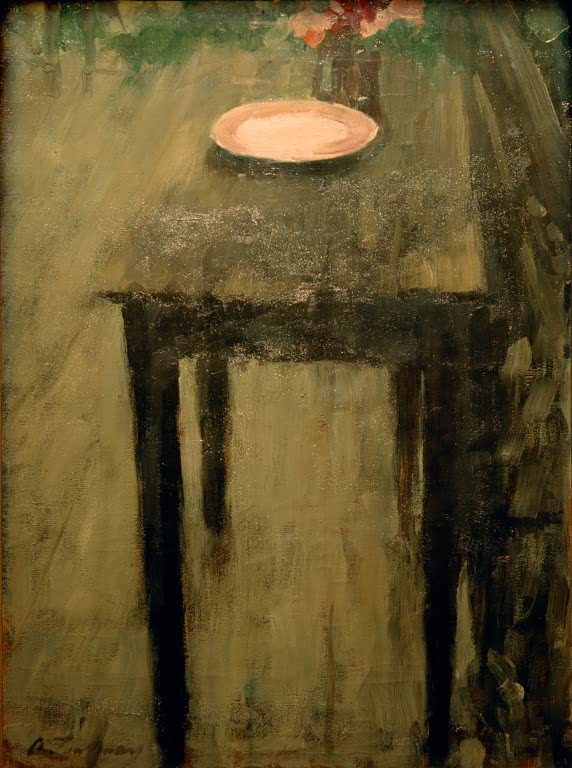 Alexej von Jawlensky Schwarzer Tisch Kunstkopie: Dunkler Tisch mit Schale in schummrigem Raum in Olivtönen