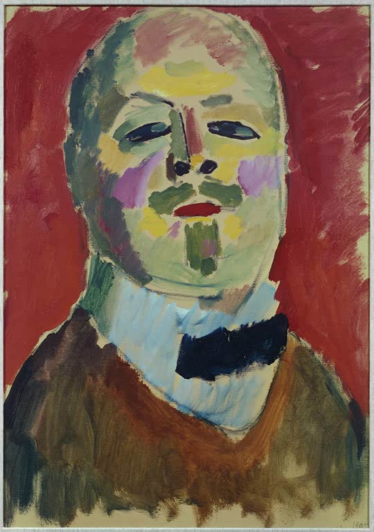 Mann mit Glatze und Bart, buntes Gesicht vor rotem Grund – Alexej von Jawlensky Selbstbildnis Kunstkopie