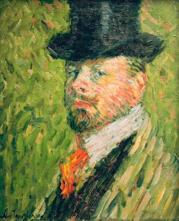 Alexej von Jawlensky Selbstbildnis mit Zylinder Kunstkopie: Mann mit Zylinder, Bart und weißem Kragen vor grünem Hintergrund