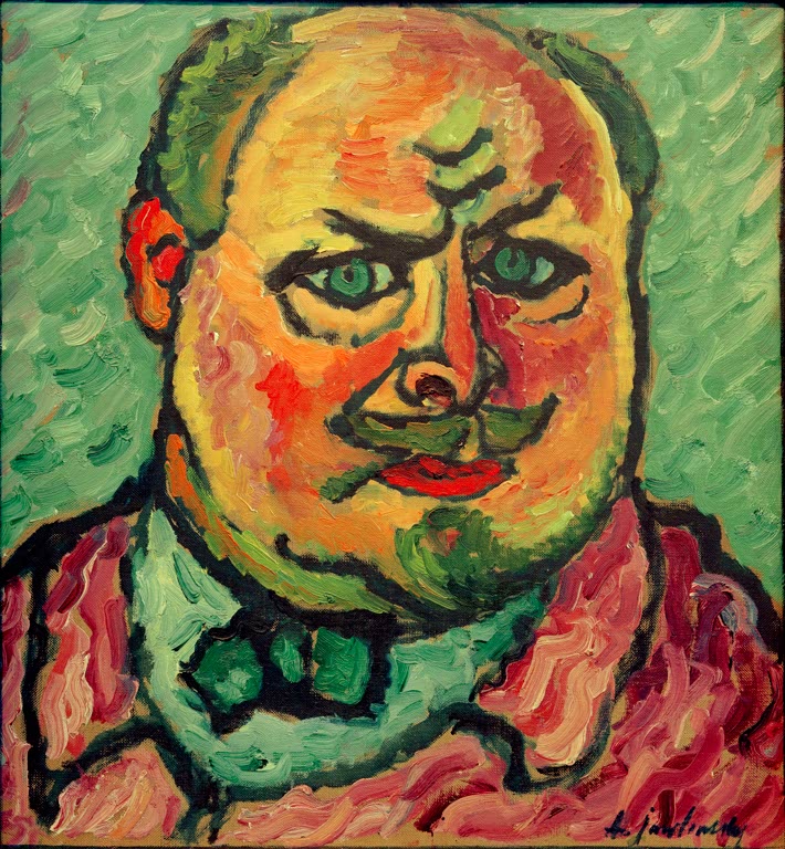 Alexej von Jawlensky Selbstbildnis Kunstkopie: Frontales Porträt eines Mannes mit grünem Schnurrbart und gelbroter Haut