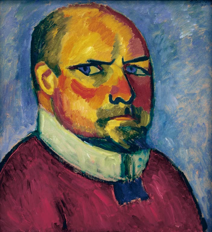 Mann mit Glatze, hellem Kragen und rotviolettem Pullover vor blauem Grund – Alexej von Jawlensky Selbstbildnis Kunstkopie