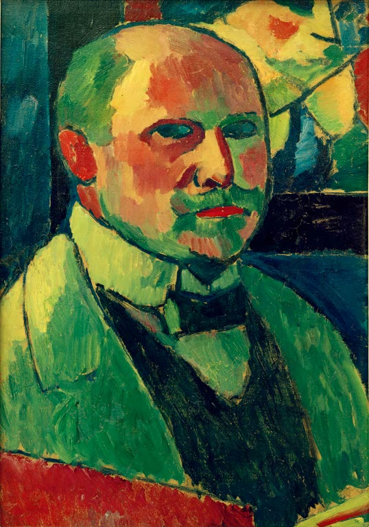 Mann im grünen Anzug mit Fliege und Schnurrbart, bunter Hintergrund – Alexej von Jawlensky Selbstbildnis Kunstkopie