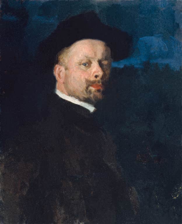 Alexej von Jawlensky Selbstporträt Kunstkopie: Mann mit schwarzem Hut und Bart in dunkler Kleidung vor Blau